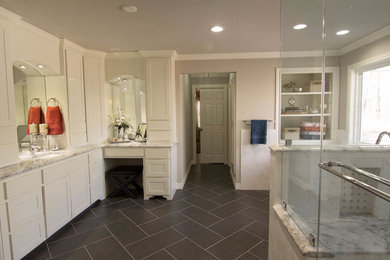 Bathroom - mid-sized transitional master white tile and porcelain tile marble floor bathroom idea in Other with shaker cabinets, white cabinets, gray walls, an undermount sink and marble countertops