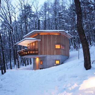 他の地域のラスティックスタイルのおしゃれな家の外観 (茶色い外壁、陸屋根) の写真