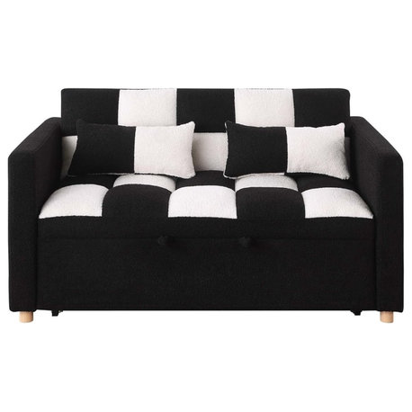 Convertible Sofa Bed with Plush Teddy Upholstery and Pull-Out Design, Black/White
