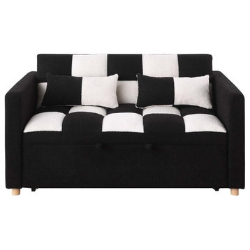 Modern Sleeper Sofa, Teddy Upholstered Seat With Checkboard Pattern, Black/White