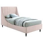 Meridian Furniture - Eva Velvet Upholstered Bed, Pink, Twin - Snuggle up to a pet or other loved one in this richly upholstered Eva pink velvet twin size bed for the ultimate in rest and relaxation. The wing back headboard has cushioned vertical deep channel tufting, and both the side rails and footboard are upholstered too for your comfort. Tapered black wood legs match the upholstery and support this contemporary bed, elevating it sufficiently that you can store items underneath.