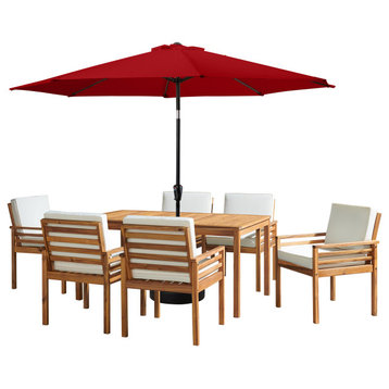Okemo Set, 10' Auto Tilt Umbrella, Red, 8-Piece Set, 6 Chairs