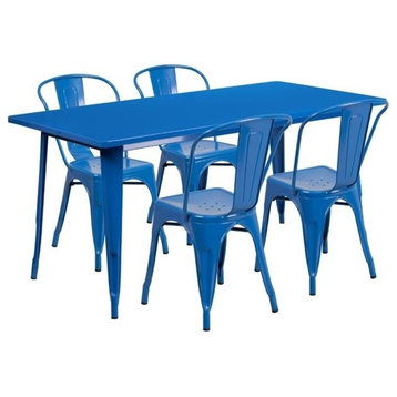 31.5"x63" Rectangular Blue Metal 5-Piece Table Set With 4 Stack Chairs