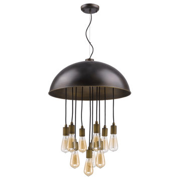 Keough 10-Light Oil-Rubbed Bronze Bowl Pendant With Raw Brass Sockets
