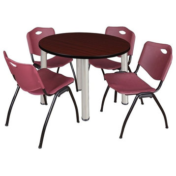 Kee 36" Round Breakroom Table, Mahogany/Chrome and 4 "M" Stack Chairs, Burgundy