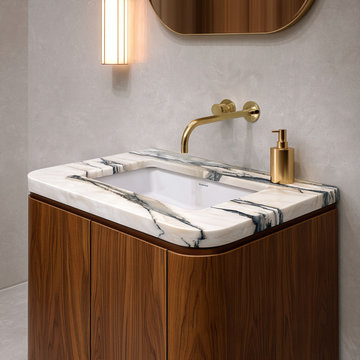 Curved Walnut Bathroom Vanity | Freestanding Sink Cabinet | Mid-Century Modern S