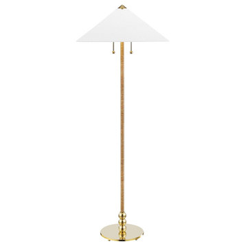 Flare 2 Light Floor Lamp, Aged Brass Finish, White Belgian Linen Shade