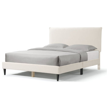 Miles White Boucle Upholstered Wood Frame Platform Bed, Queen, Pillow