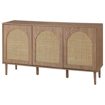 3-doors Modern Sideboard Cabinet With Rattan Design, Oak