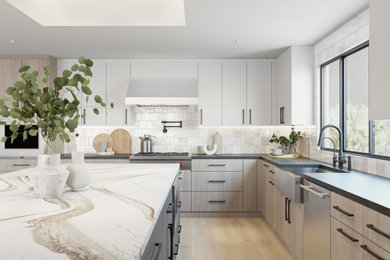 Inspiration for a large modern l-shaped beige floor and tray ceiling open concept kitchen remodel in San Francisco with a farmhouse sink, flat-panel cabinets, white backsplash, ceramic backsplash, stainless steel appliances and an island