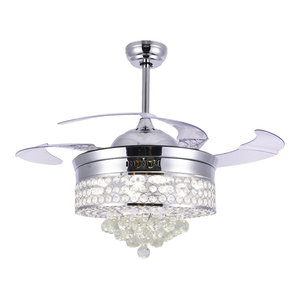 42 Modern Crystal Ceiling Fan With Lights Retractable Chandelier