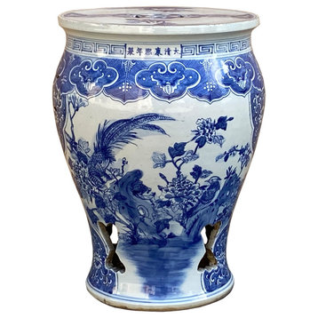 Chinese Blue and White Porcelain Flower Birds Small Round Stool Table cs7377B