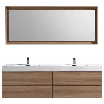 Bliss 72'' Wall Mount Double Sink Modern Bathroom Vanity, Honey Oak