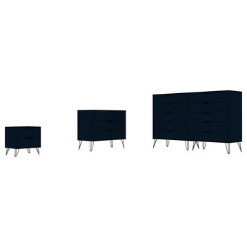 3 Piece Bedroom Set Tall Wide 10-Drawer Dresser Midnight Blue