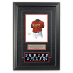 Heritage Sports Art - Original Art of the MLB 2004 Houston Astros Uniform - This beautifully framed piece features an original piece of watercolor artwork glass-framed in an attractive two inch wide black resin frame with a double mat. The outer dimensions of the framed piece are approximately 17" wide x 24.5" high, although the exact size will vary according to the size of the original piece of art. At the core of the framed piece is the actual piece of original artwork as painted by the artist on textured 100% rag, water-marked watercolor paper. In many cases the original artwork has handwritten notes in pencil from the artist. Simply put, this is beautiful, one-of-a-kind artwork. The outer mat is a rich textured black acid-free mat with a decorative inset white v-groove, while the inner mat is a complimentary colored acid-free mat reflecting one of the team's primary colors. The image of this framed piece shows the mat color that we use (Red). Beneath the artwork is a silver plate with black text describing the original artwork. The text for this piece will read: This original, one-of-a-kind watercolor painting of the 2004 Houston Astros uniform is the original artwork that was used in the creation of this Houston Astros uniform evolution print and tens of thousands of other Houston Astros products that have been sold across North America. This original piece of art was painted by artist Nola McConnan for Maple Leaf Productions Ltd. Beneath the silver plate is a 3" x 9" reproduction of a well known, best-selling print that celebrates the history of the team. The print beautifully illustrates the chronological evolution of the team's uniform and shows you how the original art was used in the creation of this print. If you look closely, you will see that the print features the actual artwork being offered for sale. The piece is framed with an extremely high quality framing glass. We have used this glass style for many years with excellent results. We package every piece very carefully in a double layer of bubble wrap and a rigid double-wall cardboard package to avoid breakage at any point during the shipping process, but if damage does occur, we will gladly repair, replace or refund. Please note that all of our products come with a 90 day 100% satisfaction guarantee. Each framed piece also comes with a two page letter signed by Scott Sillcox describing the history behind the art. If there was an extra-special story about your piece of art, that story will be included in the letter. When you receive your framed piece, you should find the letter lightly attached to the front of the framed piece. If you have any questions, at any time, about the actual artwork or about any of the artist's handwritten notes on the artwork, I would love to tell you about them. After placing your order, please click the "Contact Seller" button to message me and I will tell you everything I can about your original piece of art. The artists and I spent well over ten years of our lives creating these pieces of original artwork, and in many cases there are stories I can tell you about your actual piece of artwork that might add an extra element of interest in your one-of-a-kind purchase.
