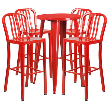 Flash Commercial 24" Round Red Metal Bar Table Set & 4 Vertical Slat Stools