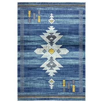 Abani Porto PRT110B Southwestern Tribal Print Blue and Yellow Area Rug, Blue, 5'