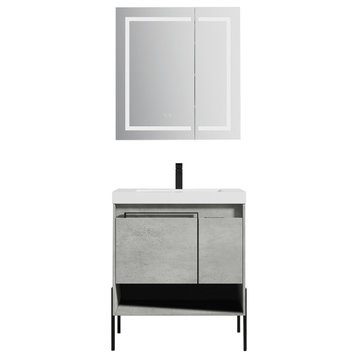 Freestanding Bathroom Vanity Set, Open Shelf, Plain Cement, 30'' With Acrylic Sink