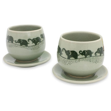 Prancing Elephants Celadon Ceramic Teacups and Saucers, Set of 2