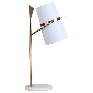 White Marble Base With Gold Frame and White Fabric Shade Table Lamp