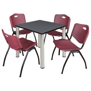 Kee 30" Square Breakroom Table, Gray/ Chrome and 4 'M' Stack Chairs, Burgundy