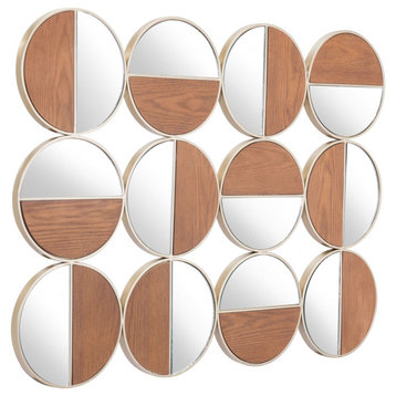 HomeRoots Set of 12 Round Gold and Walnut Finish Wall Mirrors
