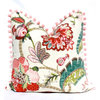 Jacobean Flower Pillow Embellished With Pink Pom Pom Trim