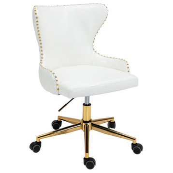 Hendrix Swivel and Adjustable Vegan Leather Office Chair, White, Rich Gold Base
