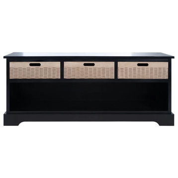 Contemporary Storage Bench, Open Compartments & Upper Drawers, Black