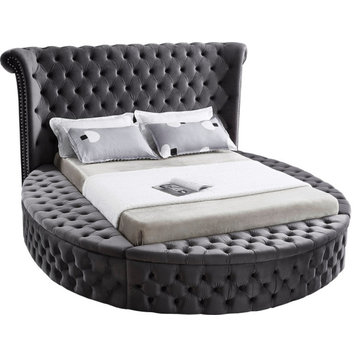 Luxus Button Tufted Velvet Round Bed, Gray, King