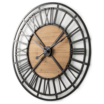 Lewiston Black Iron With Brown Wood 42" Round Wall Clock