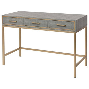 3-Drawer Art Deco Faux Shagreen Desk in Grey and Brushed Gold Frame and Handles