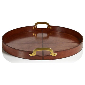 Harlow Leather With Brass Handles Round Tray, 24"