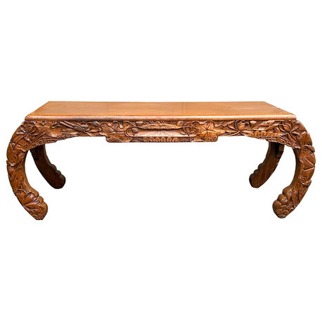 Vintage Floral Relief Carving Brown Rectangular Curve Legs Coffee Table Hws3598