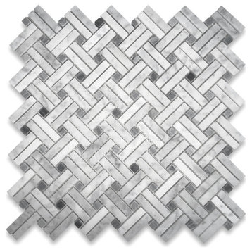 Carrara White Diagonal Basket Weave Gray dots Marble Mosaic Tile Honed, 1 sheet