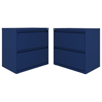 Home Square 2 Drawer Metal Lateral 101 Filing Cabinet Set in Navy (Set of 2)