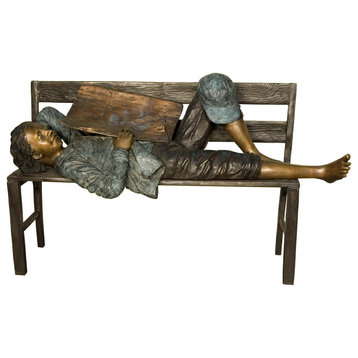Boy Resting on a Bench With a Newspaper Bronze Sculpture