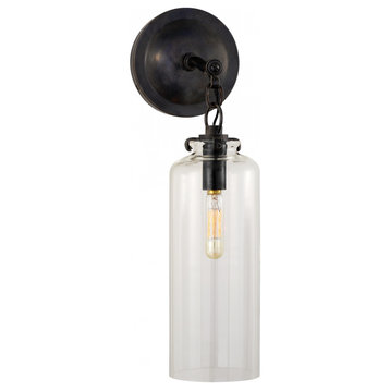 Katie Bathroom Wall Sconce, 1-Light, Cylinder, Bronze, Clear Glass, 16.25"H