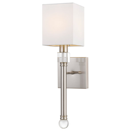 Wallis 1-Light Wall Sconce Hardwire, Crystal/Square Shade, Satin Chrome/Ivory