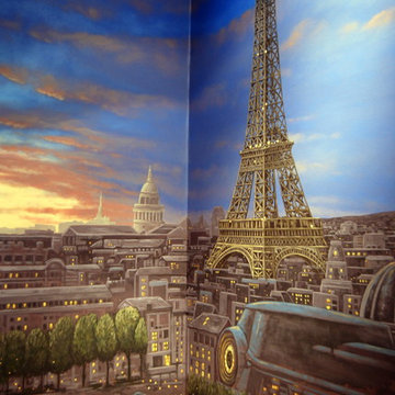 Paris Panorama 360 degree Mural hand painted throughout a 17 foot stairway
