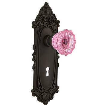 Victorian Plate Privacy Crystal Pink Glass Knob, Oil-Rubbed Bronze