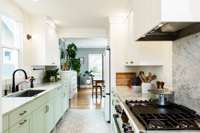 Inspiration for a small classic galley kitchen in Portland with a single-bowl sink, shaker cabinets, green cabinets, marble worktops, white splashback, marble splashback, white appliances, porcelain flooring, no island, multi-coloured floors and white worktops.