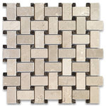 Stone Center Online - Tumbled Crema Marfil Marble Basketweave Slip Resistant Shower Tile, 1 sheet - Crema Marfil Marble 1x2" rectangle pieces and Emperador Dark 3/8" dots mounted on 12x12" sturdy mesh tile sheet