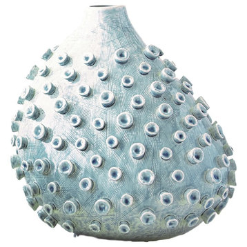 Fat Abstract Sea Blue Green Bottle Vase, 12" Round Coastal Organic Shape Coral