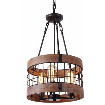 3 Light Industrial Wood Chandelier, Circular Wire Cage Pendant Light Fixture