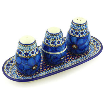 Polmedia Polish Pottery 10" Stoneware Salt And Pepper With Toothpick Holder