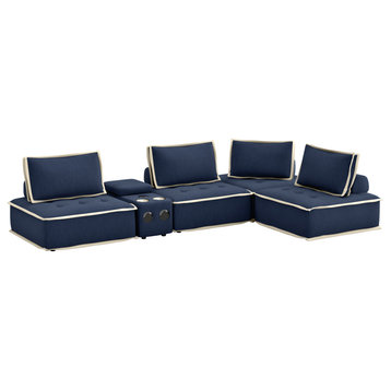 5 Piece Sofa Sectional, L Shaped Modular Couch, Navy Blue and Cream Fabric