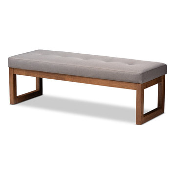 Caramay Gray Upholstered Walnut Brown Wood Bench