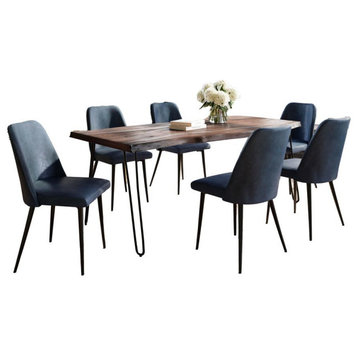 Seven Piece Solid Acacia Dining Set with Upholstered Mid-Century Modern Chairs