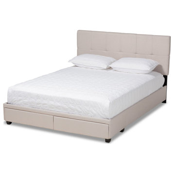 Anaiya Beige Fabric Upholstered 2-Drawer Queen Size Platform Storage Bed